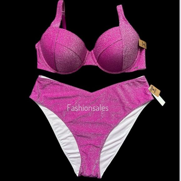 Victorias Secret Swim Shimmer Push up Padded Bikini top & Bottom Set Magenta XXL - Picture 1 of 5